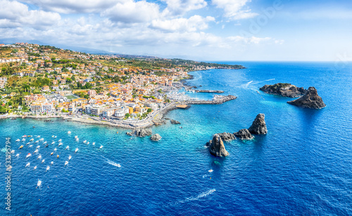 Landscape with aerial view of Aci Trezza, Sicily island, Italy photo