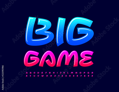 Vector trendy Emblem Big Game. Glossy Creative Font. Modern Alphabet Letters and Numbers