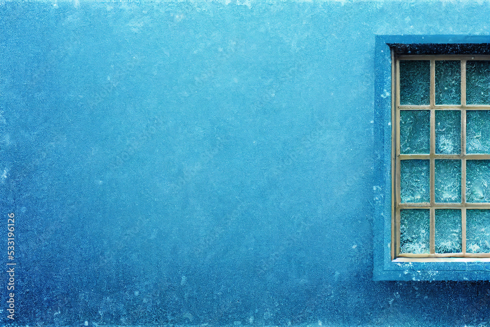 Blue wall with a wooden window, winter time - obrazy, fototapety, plakaty 
