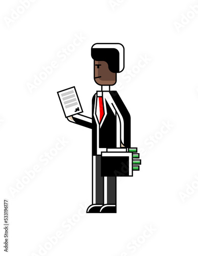 African businessman with contract and suitcase full of money in hands. Corporate business people isolated vector illustration in linear style.