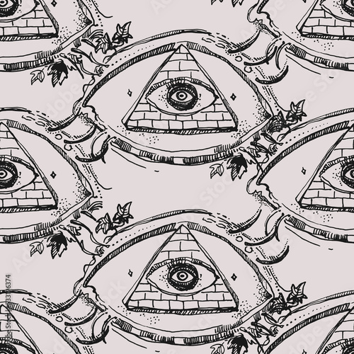 Ink illustration seamless texture with eye conspiracy theory pyramid. Repeater tiled pattern.