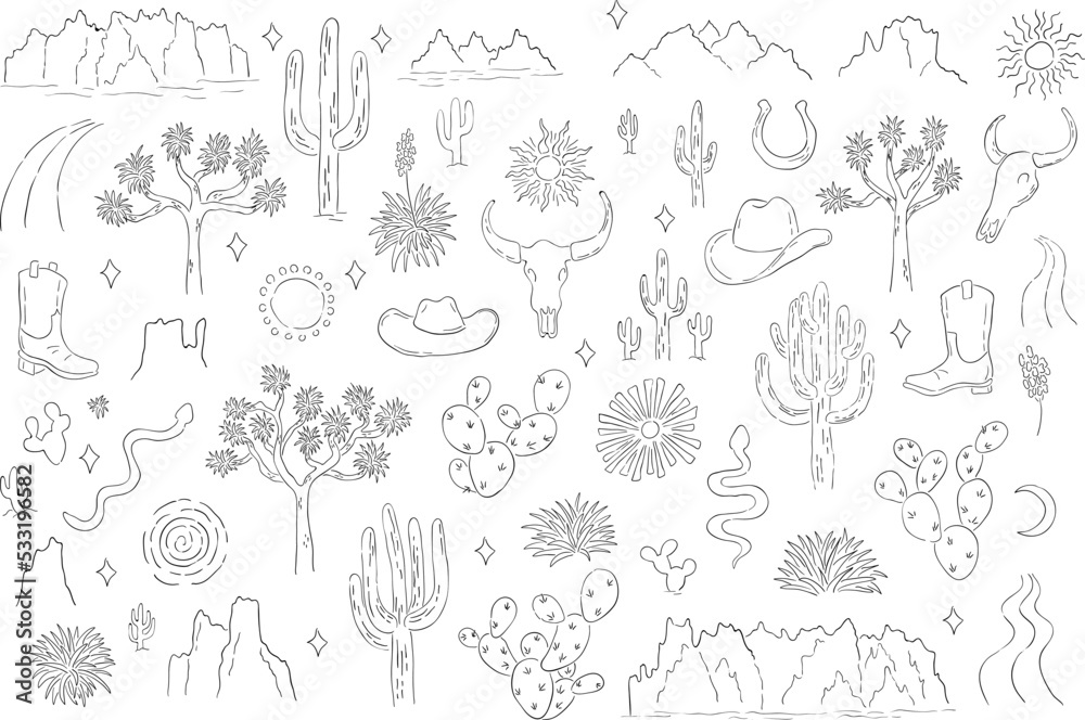 Desert Line Art Hand Drawn Vector Elements Set Desert Line Art Hand Drawn Vector Elements Set