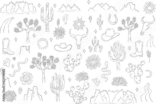 Desert Line Art Hand Drawn Vector Elements Set