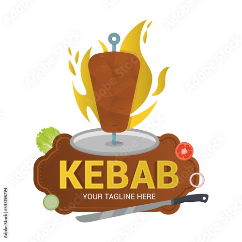 Creative Doner kebab logo element. Shawarma emblem. Turkish fast food restaurant, barbecue cafe or grill bar symbol of skewer or rotating spit with grilled meat.