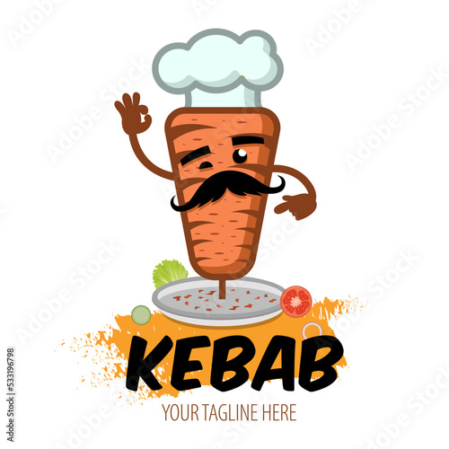 Creative Doner kebab logo element. Shawarma emblem. Turkish fast food restaurant, barbecue cafe or grill bar symbol of skewer or rotating spit with grilled meat.