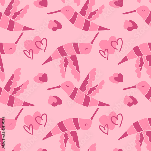 Romantic colibri birds and hearts seamless pattern. Perfect retro print for tee, paper, fabric, textile. Hand drawn vector illustration for decor and design.