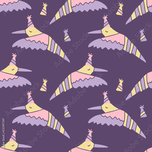 Festive colibri birds and caps silhouette seamless pattern. Perfect retro print for tee, paper, fabric, textile. Hand drawn vector illustration for decor and design.