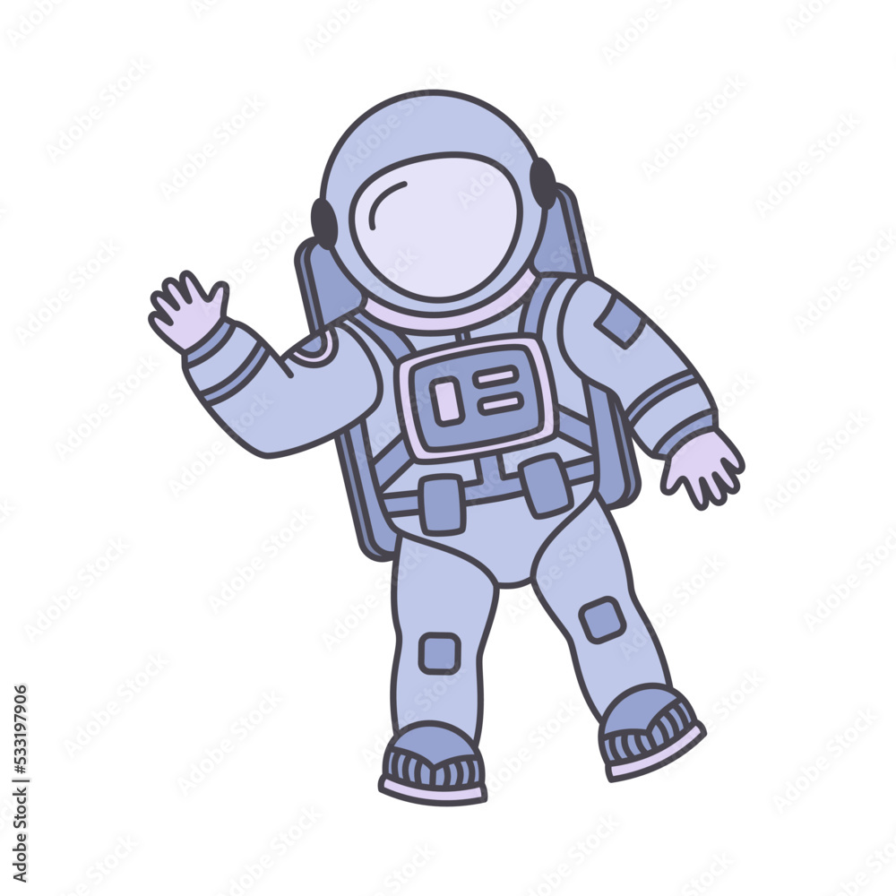 Doodle astronaut. Cartoon funny character with waving hand. Hello world. Hand drawn children cosmonaut