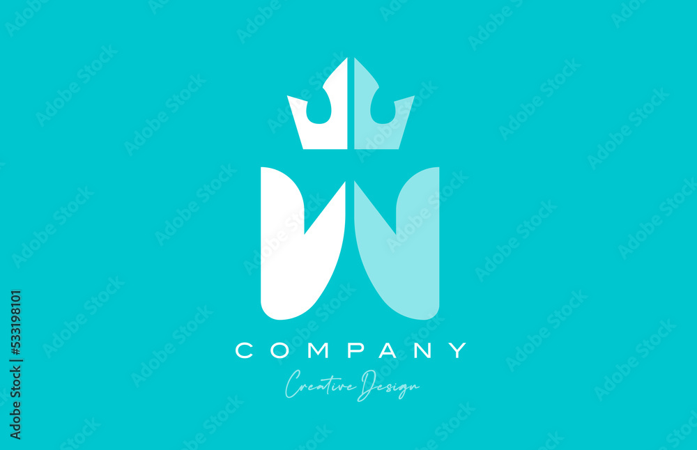 W blue pastel alphabet letter logo icon design with king crown ...