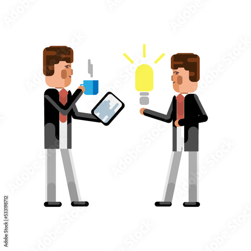 Businessman holding idea light bulb and investor with tablet pc and coffee cup in hands isolated vector illustration.