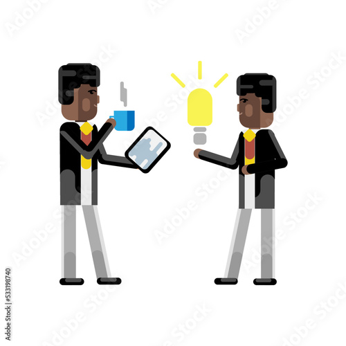 African businessman holding idea light bulb and investor with tablet pc and coffee cup in hands isolated vector illustration.