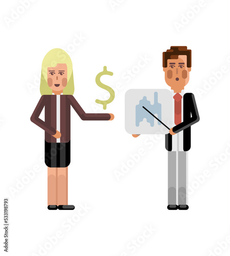 European businessman showing financial diagram and blonde businesswoman with dollar sign in hand isolated vector illustration.