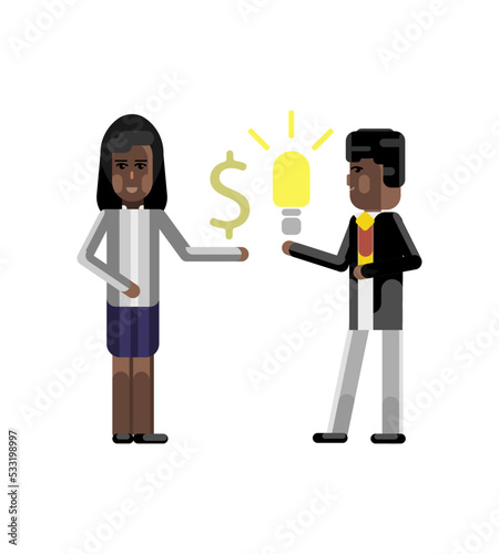 African businessman holding idea light bulb and black businesswoman with dollar sign in hand isolated vector illustration.