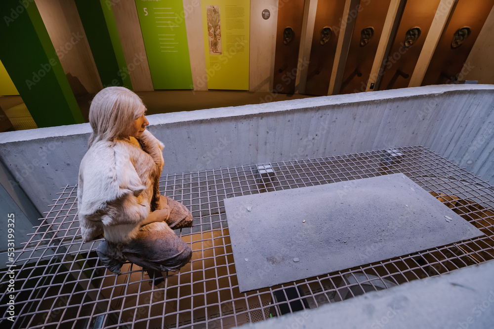 22 July 2022, Neanderthal museum, Germany: Detailed wax figure of ...