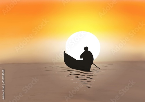 silhouette of a person in a boat on a lake