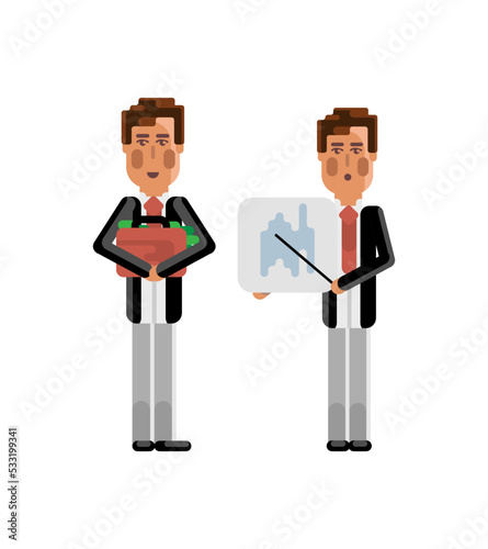 European businessman showing financial diagram and investor holding money suitcase isolated vector illustration.