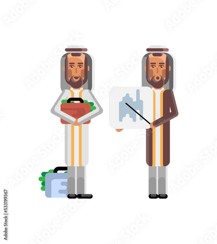 Arabic businessman showing financial diagram and investor holding money suitcase isolated vector illustration.
