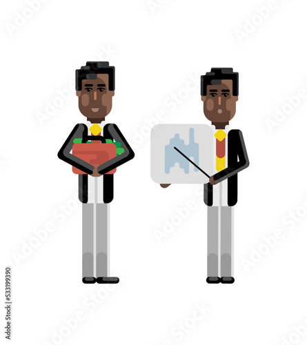 African businessman showing financial diagram and investor holding money suitcase isolated vector illustration.