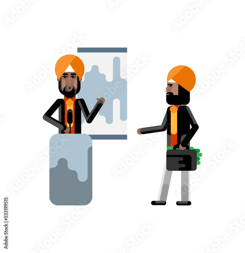 Indian sikh speaker on tribune doing business presentation and investor in turbine holding money suitcase isolated vector illustration.