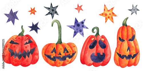 Set with 4 Jackie pumpkins for Halloween. Watercolor illustration. Holiday. Autumn. Season. Art. Design. Handmade work. Collection. Checkboxes. Sweets. Mysticism. photo