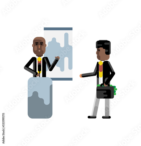 Black speaker on tribune doing business presentation and african investor holding money suitcase isolated vector illustration.