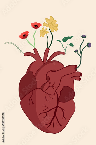 Ilustracion de corazón anatómico del que crecen plantas y flores.