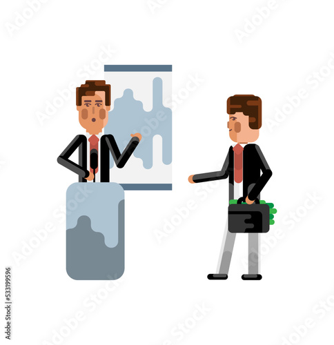European speaker on tribune doing business presentation and investor holding money suitcase isolated vector illustration.