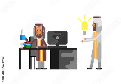 Business meeting arabic manager with businessman holding idea light bulb. Corporate business people isolated vector illustration.