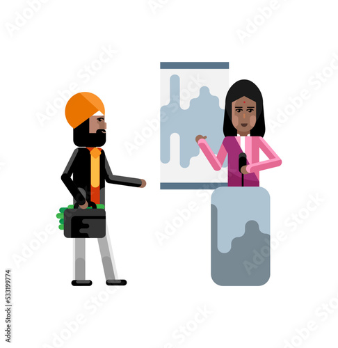 Indian woman on tribune doing business presentation and investor in turbine holding money suitcase isolated vector illustration.