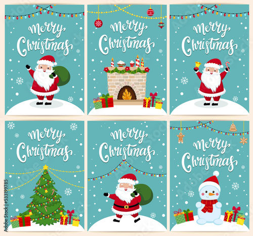 template for christmas and new year card in cartoon style. funny santa claus and items