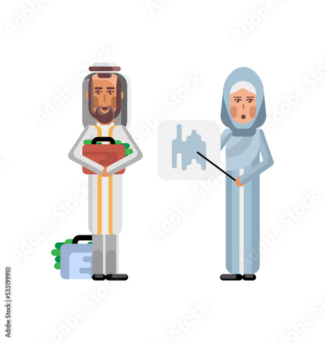 Arabic businesswoman showing financial diagram and investor holding money suitcase isolated vector illustration.