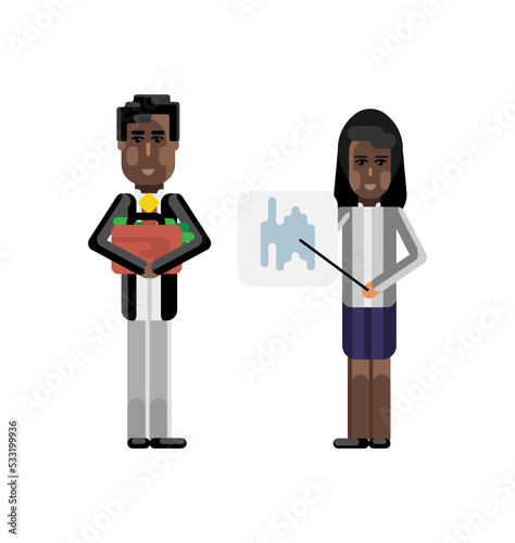 African businesswoman showing financial diagram and investor holding money suitcase isolated vector illustration.