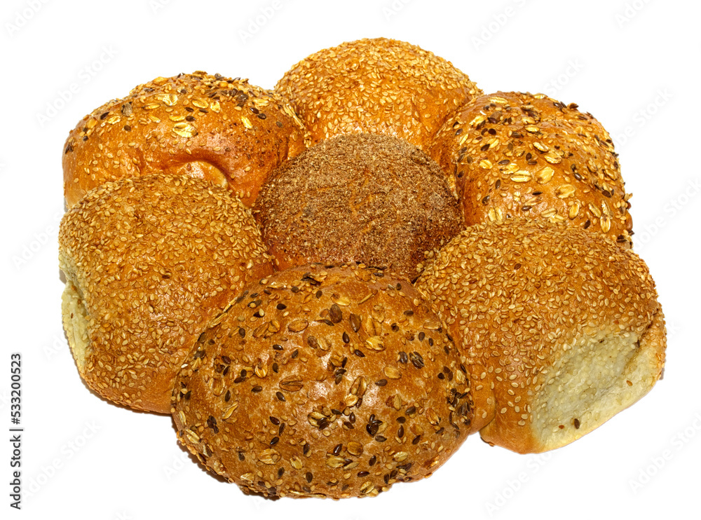 Loaf of bread and rolls isolated on white Loaf of bread and rolls isolated on white