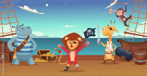 Pirates background. Wild animals in pirate costumes on island with treasures exact vector zoo cartoon set