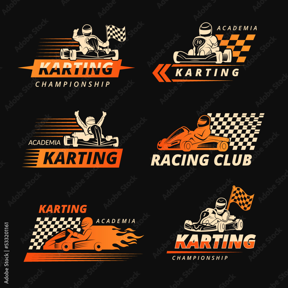 Karting. Race cars emblems or logos with place for text symbols of speed and extreme sport. Recent vector templates - obrazy, fototapety, plakaty 