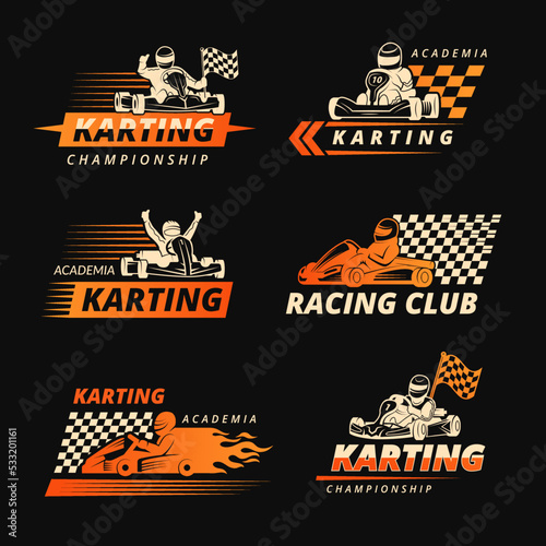 Karting. Race cars emblems or logos with place for text symbols of speed and extreme sport. Recent vector templates
