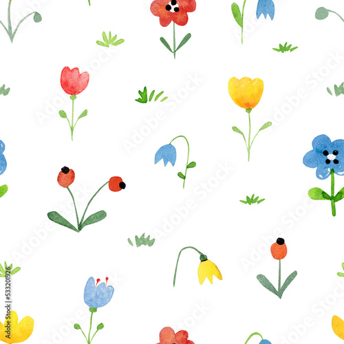 Wallpaper Mural Watercolor seamless pattern of cute little flowers, yellow, red, blue on a white background. Floral ornament for children's textiles Torontodigital.ca