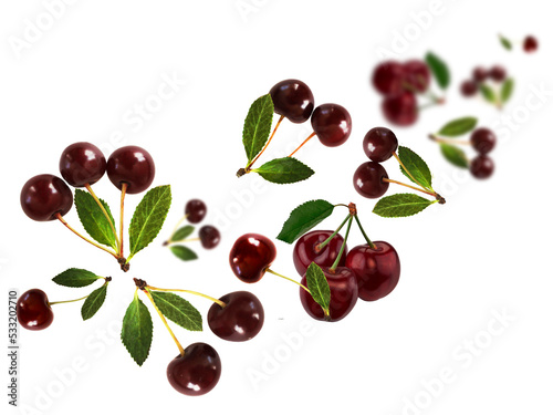 Juicy, tasty, fresh cherry levitate on a white background, healthy diet. Fresh fruits and vegetables