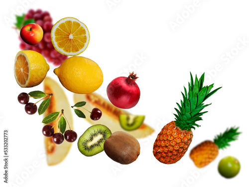 Juicy  tasty  fresh cherry  apple  kiwi  grapes  banan  lime  levitate  pomegranate on a white background  healthy diet. Fresh fruits and vegetables