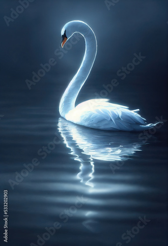 Stampa su tela Illustration of a calm nature scene with a beautiful white swan in the lake, dramatic lighting of this beautiful ethereal, graceful bird
