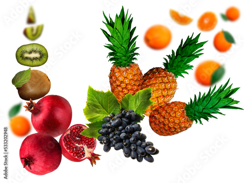 Juicy, tasty, fresh kiwi, grape, pomegranate, orange, pineapple levitate on a white background, healthy diet. Fresh fruits and vegetables