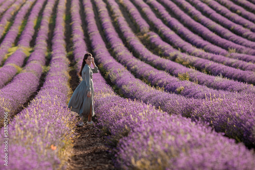 Beautiful woman with long dark hair in a dress in a lavender field.