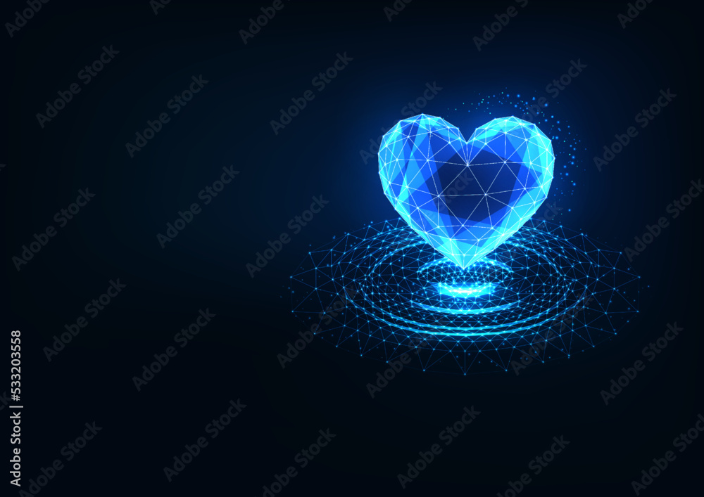 Glowing heart shape in water puddle in futuristic low polygonal style on dark blue background. 