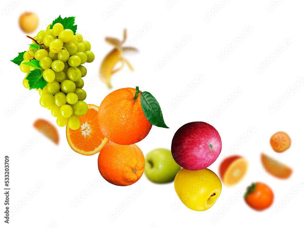 Tasty,Juicy. fresh grapes, apple, banan, persimmon levitate on a white background, healthy diet. Fresh fruits and vegetables