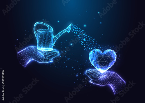 Concept of care, love, nourishment with hands holding watering can and heart shape on dark blue