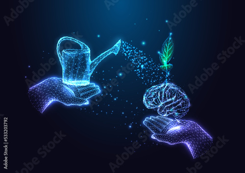 Fototapeta Futuristic growth mindset, learning concept with hands holding brain with sprout