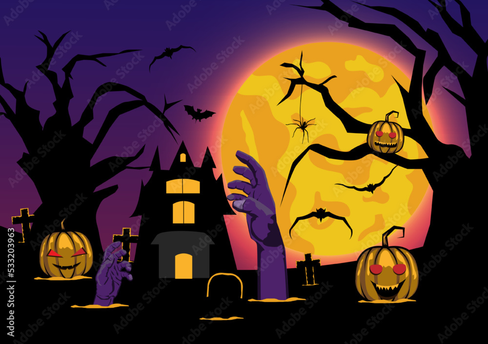 vector illustration Halloween silhouette with elements of Trees, full moons, castles, pumpkins, funerals, bats.
