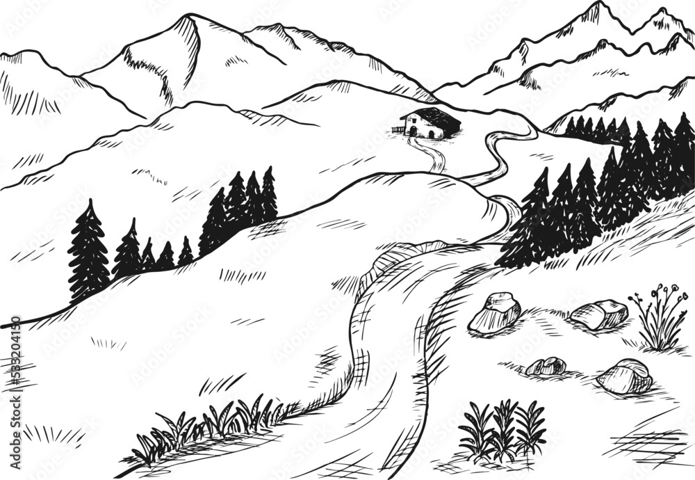 Fototapeta premium Rural landscape with a farm in engraving style. Hand drawn and converted to vector Illustration. Landscape with mountains.