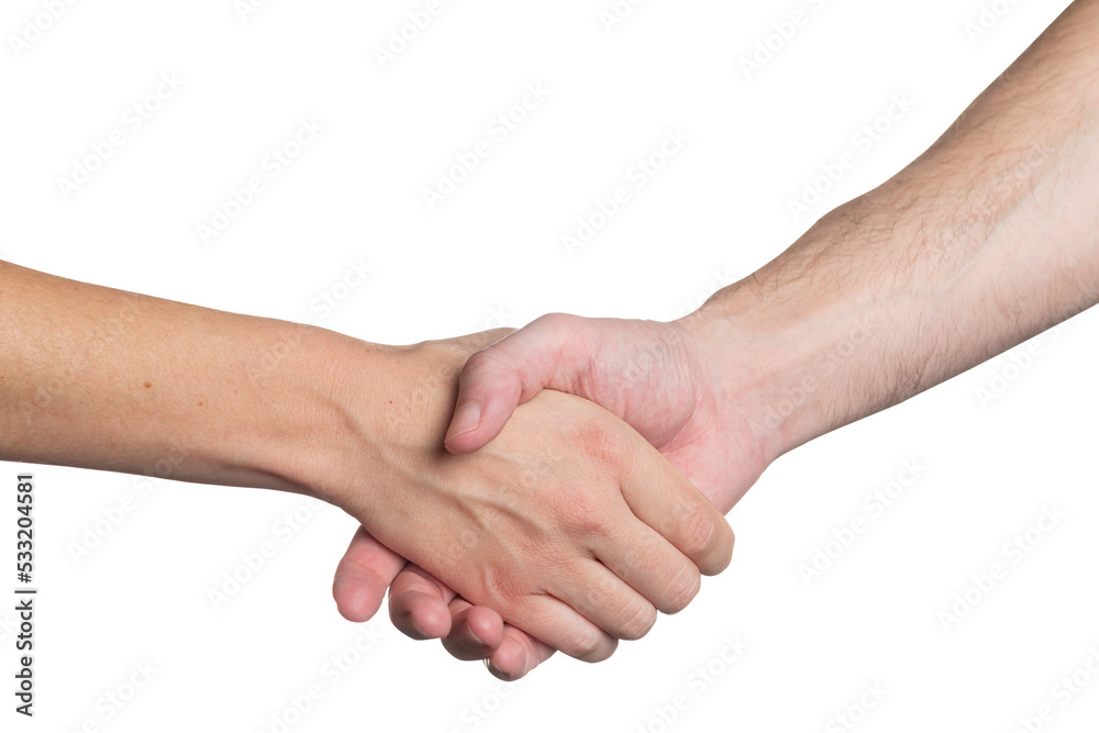 Isolated casual handshake between a man and a woman Isolated casual handshake between a man and a woman