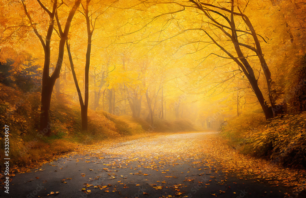 Yellow autumn trees along a park road in a foggy day. Generative AI illustration